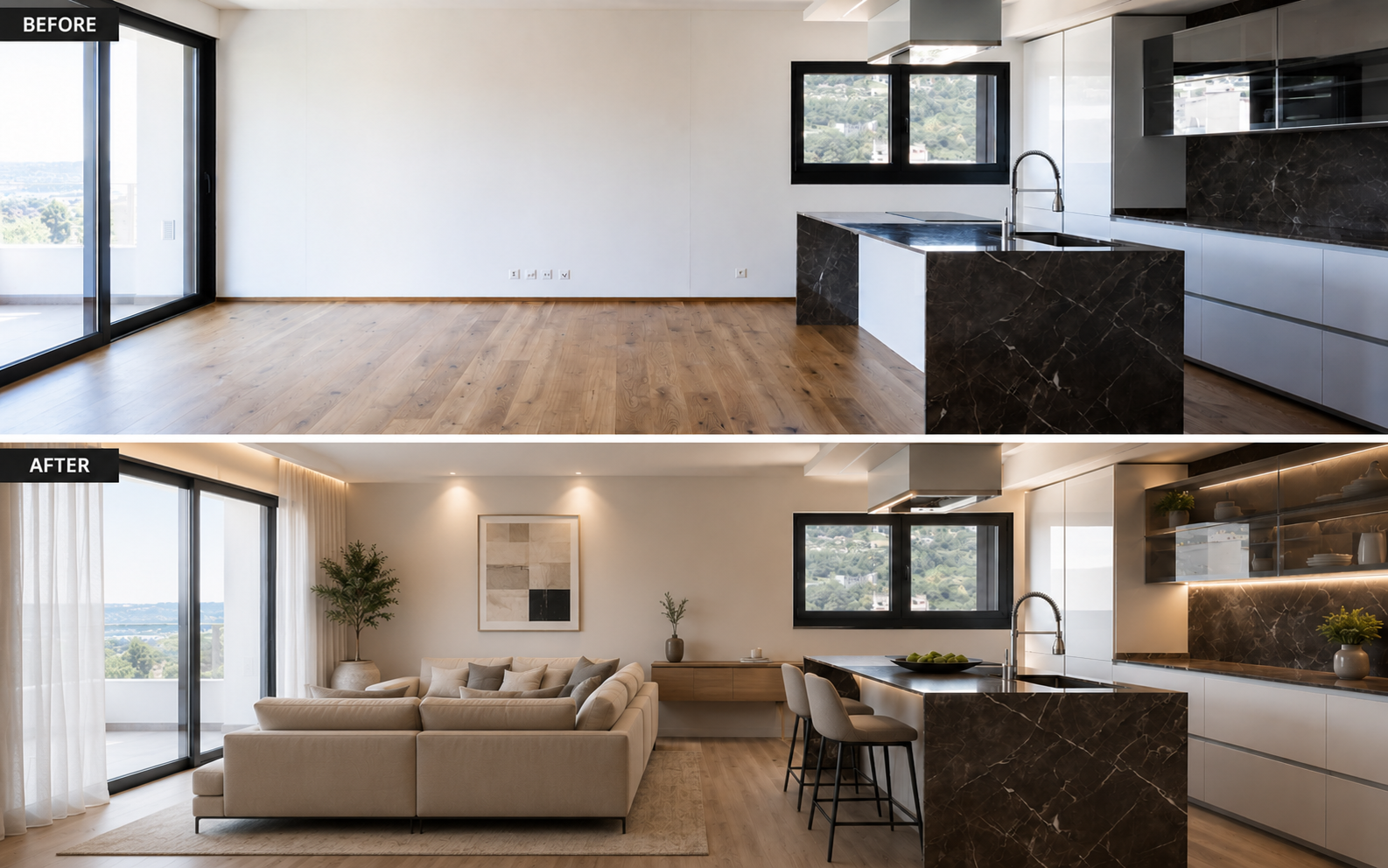 Modern open living and dining space